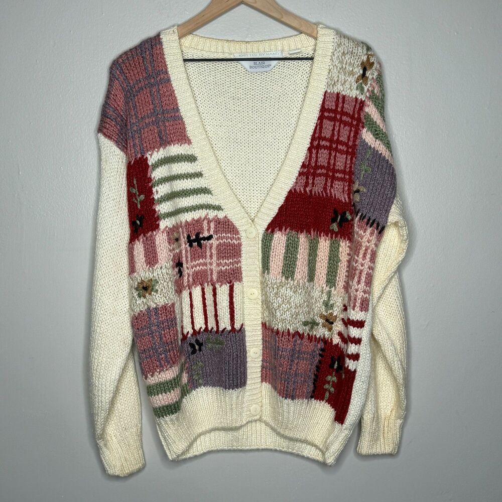 Blair Boutique Womens Hand Knit Cardigan Sweater XL Pink Grandma‎ Cottagecore